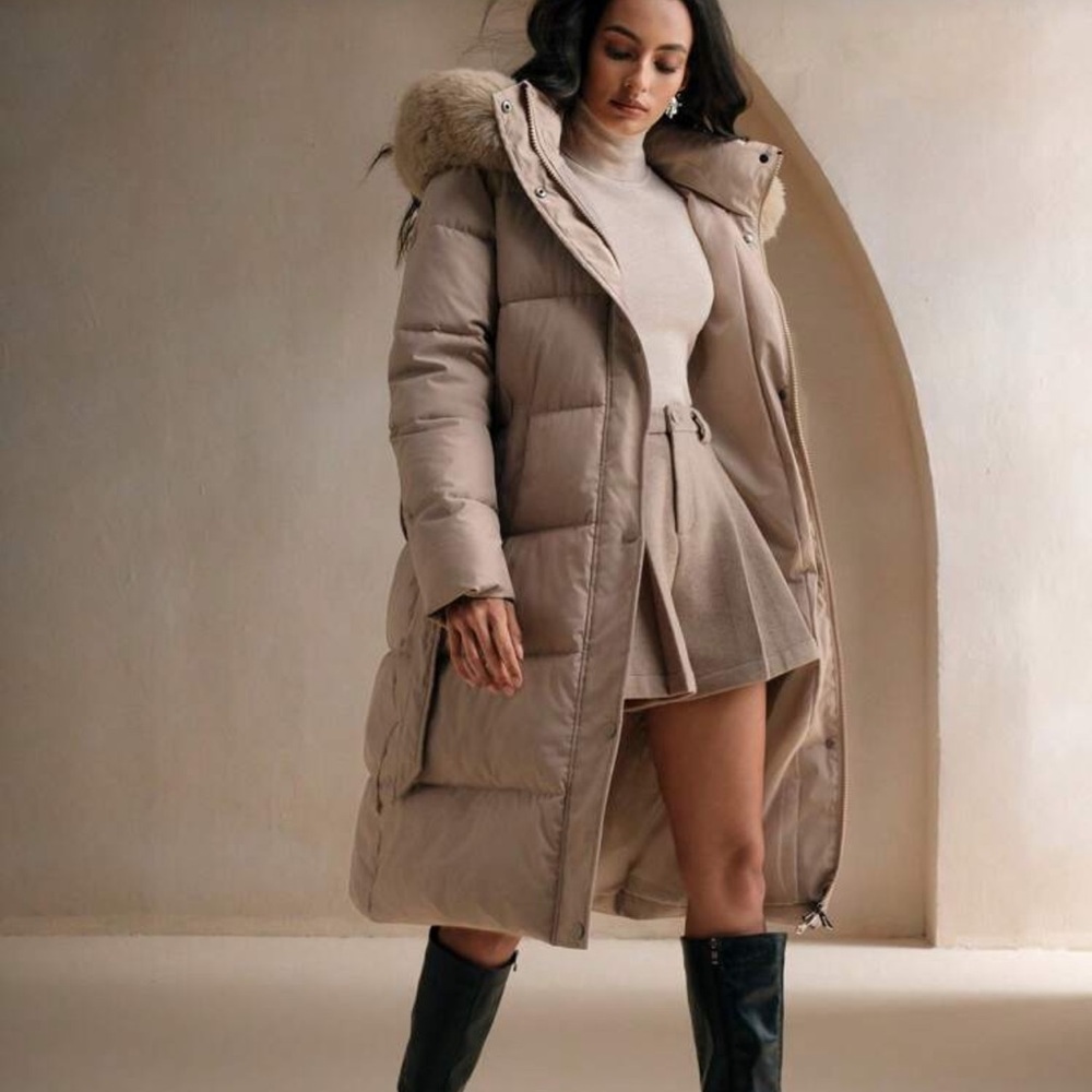 Faux fur lined hooded quilted puffer jacket long full length coat belted black - Picture 12 of 13